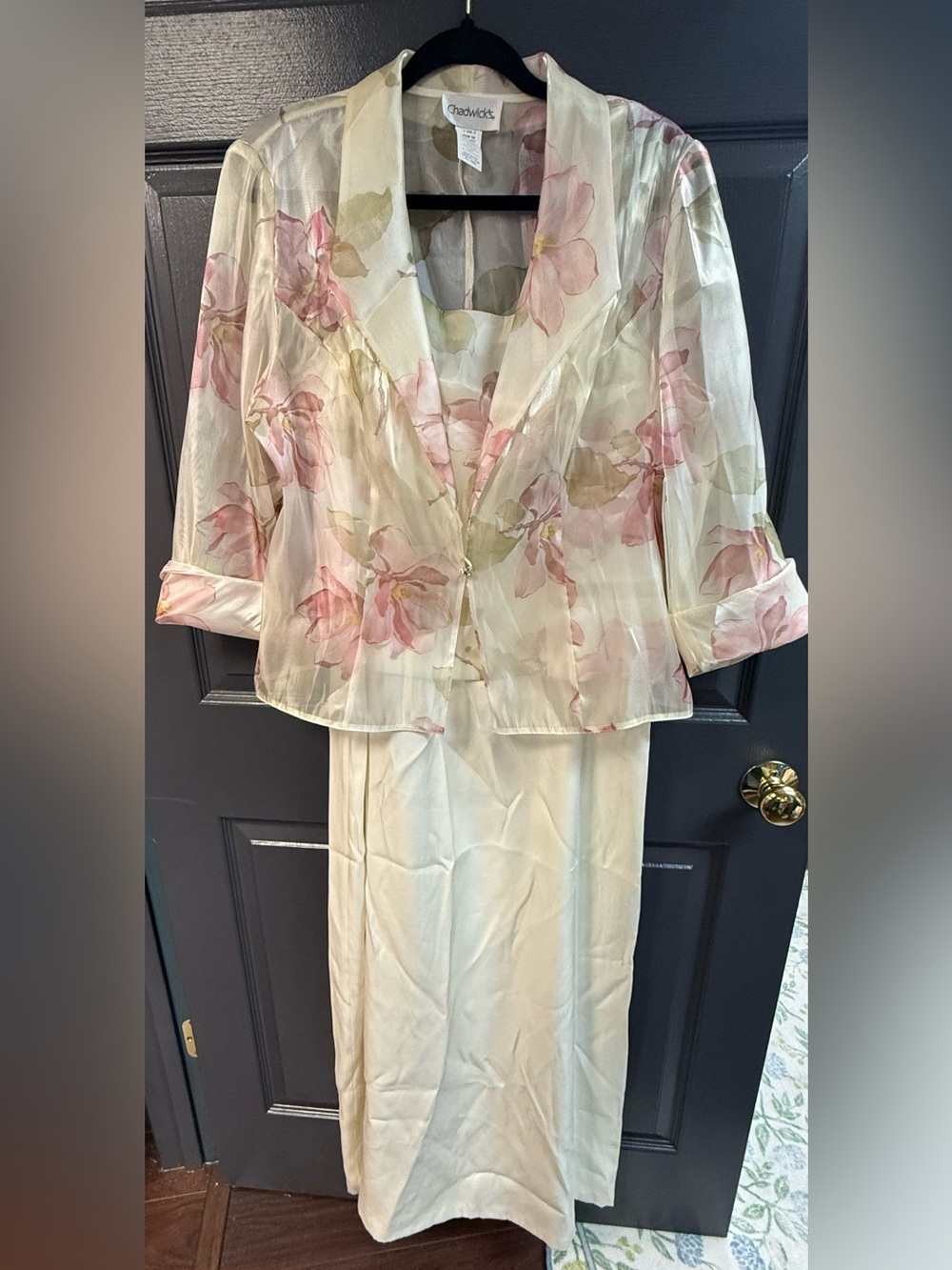 Chadwick's Cream Floral Sheer Jacket & Skirt Set with Pink and Olive Accents